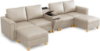 SITJOY 132" Faux Leather Modular Sectional Sofa with Storage, Mid Century Modern Sectional Couches for Living Room, 6 Seat U Shaped Couch with Chaise and Console Table, Hidden Cupholders, Greige