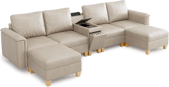 SITJOY 132" Faux Leather Modular Sectional Sofa with Storage, Mid Century Modern Sectional Couches for Living Room, 6 Seat U Shaped Couch with Chaise and Console Table, Hidden Cupholders, Greige