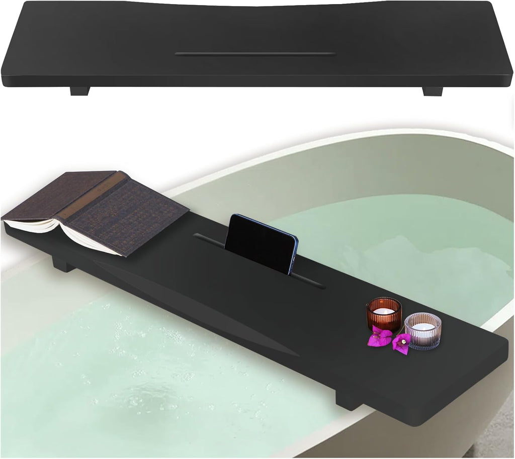 Stylish Black Bamboo Bathtub Tray Caddy with Adjustable Legs, Minimalistic Design Bath Tray for Tub, Bathtub Accessories, Fits Most Free Standing Bath Tubs, Idea for Women