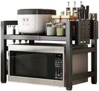 Extendable Microwave Oven Rack, 15.7~24.8" L Expandable Microwave Stand with Storage Shelf Heavy Duty with 6 Hooks and Chopsticks Cutting Board Holder for Kitchen Countertop