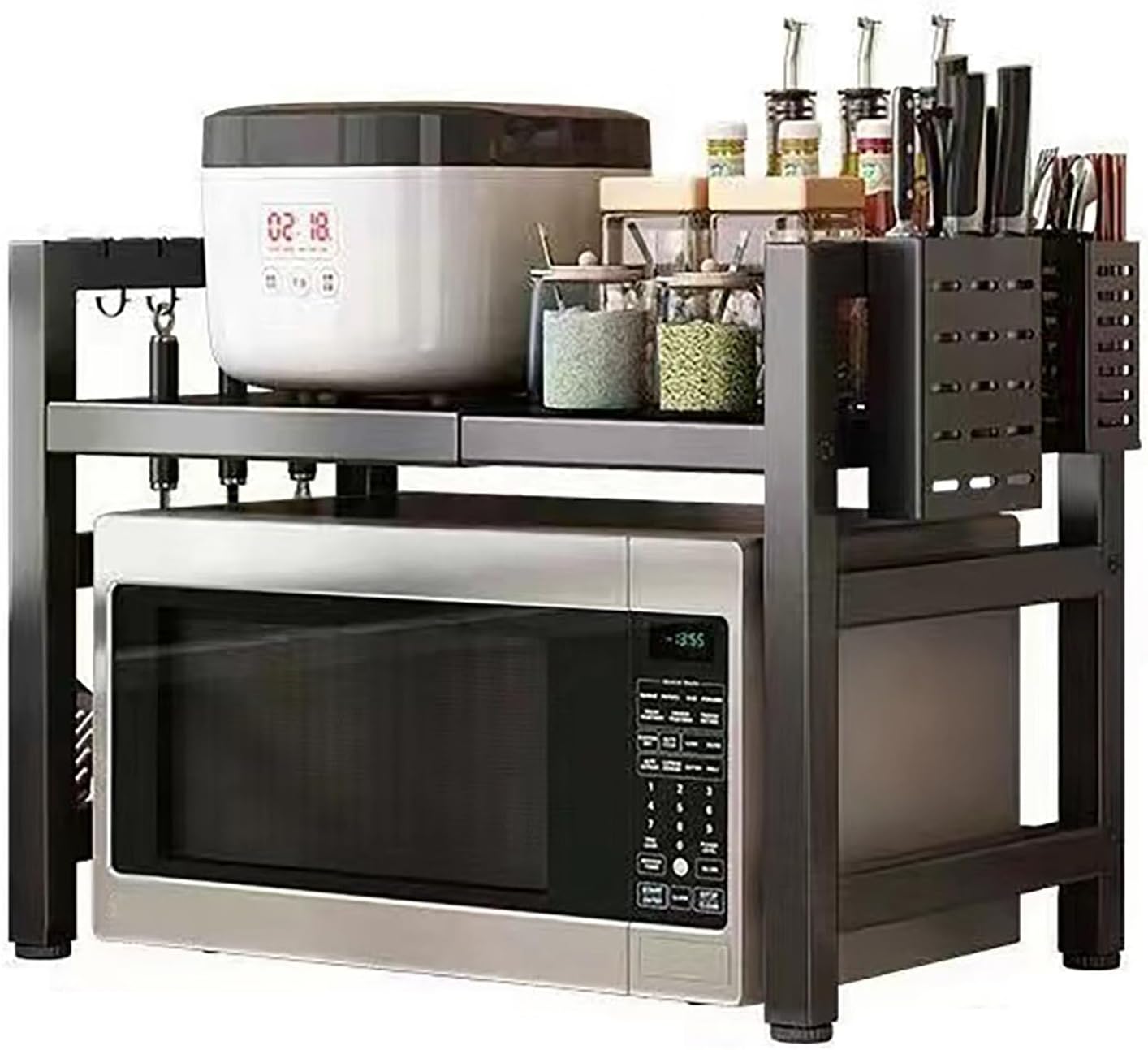 Extendable Microwave Oven Rack, 15.7~24.8" L Expandable Microwave Stand with Storage Shelf Heavy Duty with 6 Hooks and Chopsticks Cutting Board Holder for Kitchen Countertop