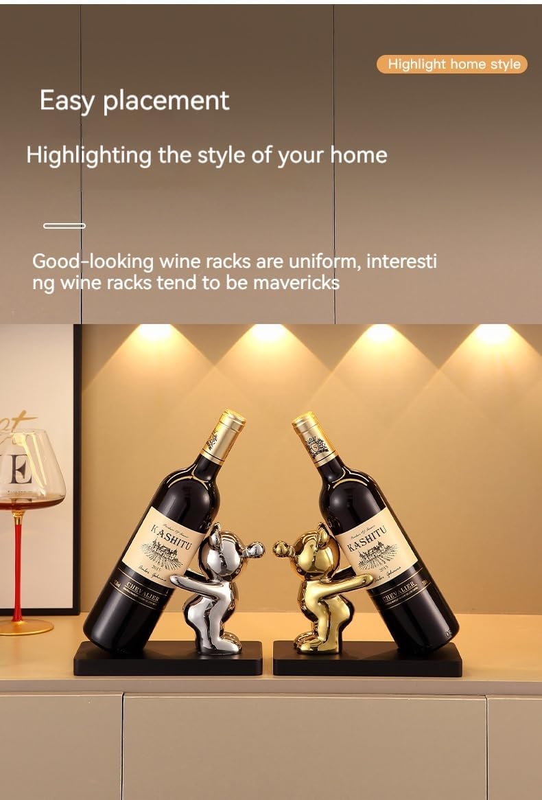 Decorative Wine Bottle Holder Stand, Gold and Silver Bear Figurines, 8.5 x 4 ...