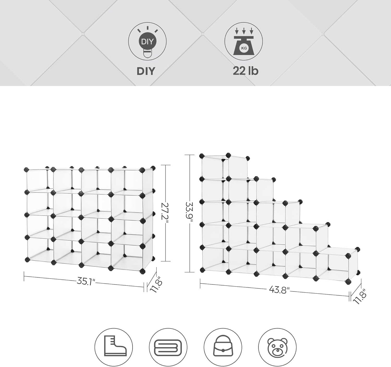 SONGMICS Shoe Rack with 16 Cubes, Interlocking Plastic Shoe Organizer, DIY Storage Cabinet for Closet Entryway Bedroom Garage, Space Saving Design, 12 x 35.1 x 27.2 Inches, Transparent ULPC445W02