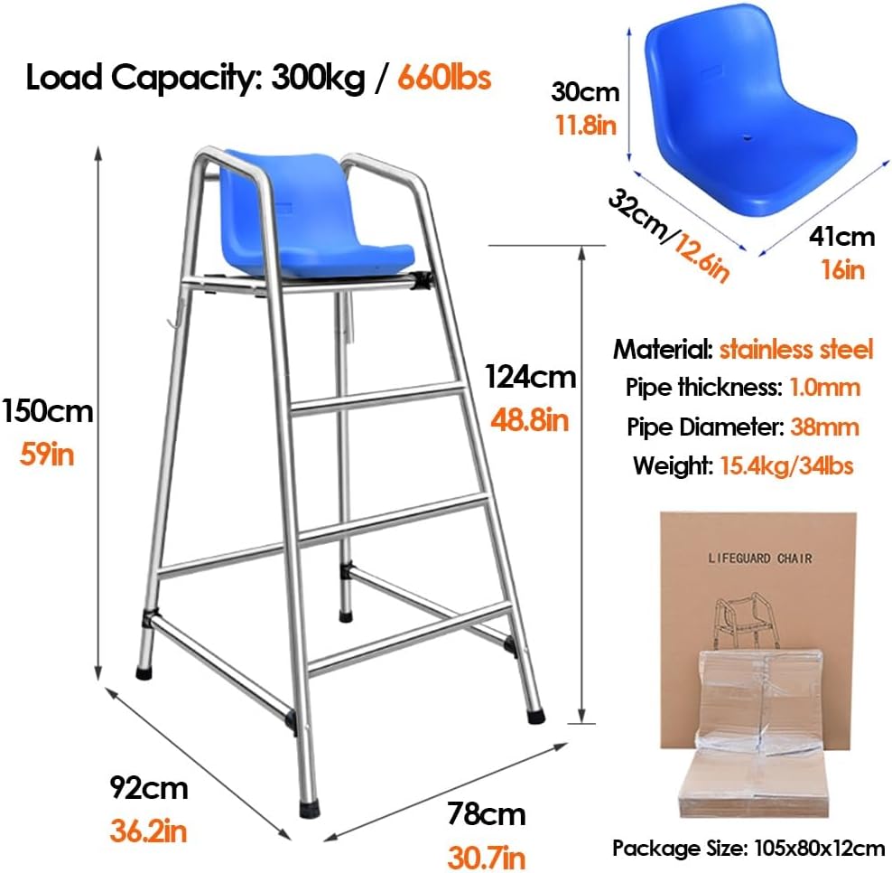 Stainless Steel Lifeguard Chair for Pool Lake and Beach Portable Outdoor Bars...