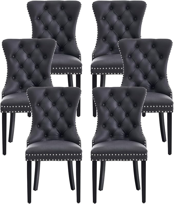 Kiztir Leather Dining Chairs Set of 6, Upholstered Dining Chair with Nailhead Trim and Solid Wood Legs, Luxury Wingback Dining Side Chair for Living Room, Bedroom, Kitchen (Black)