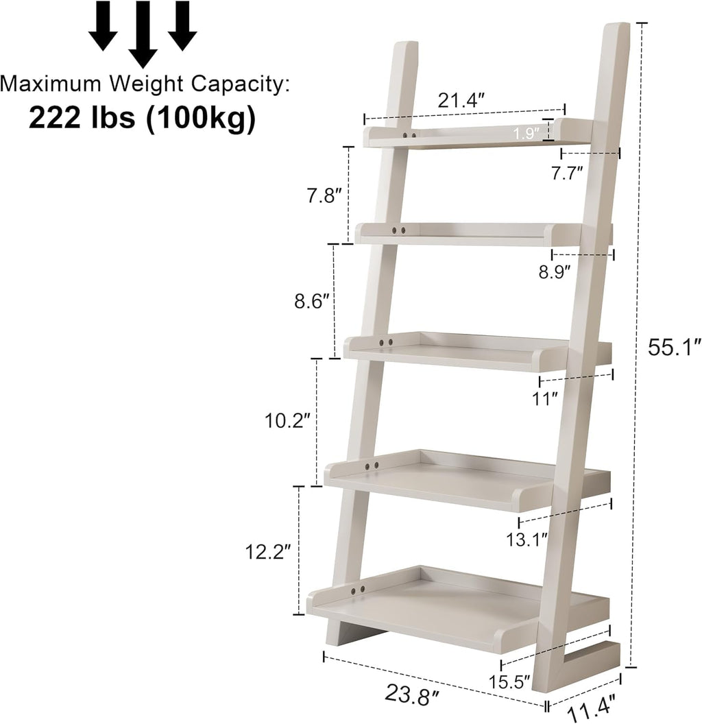 Wooden Ladder Shelf, Ladder Bookshelf, Short Ladder Shelf with Stable Structure, Leaning Bookshelf Ladder for Living Room, Bedroom, Home Office, 55.1" H (White)