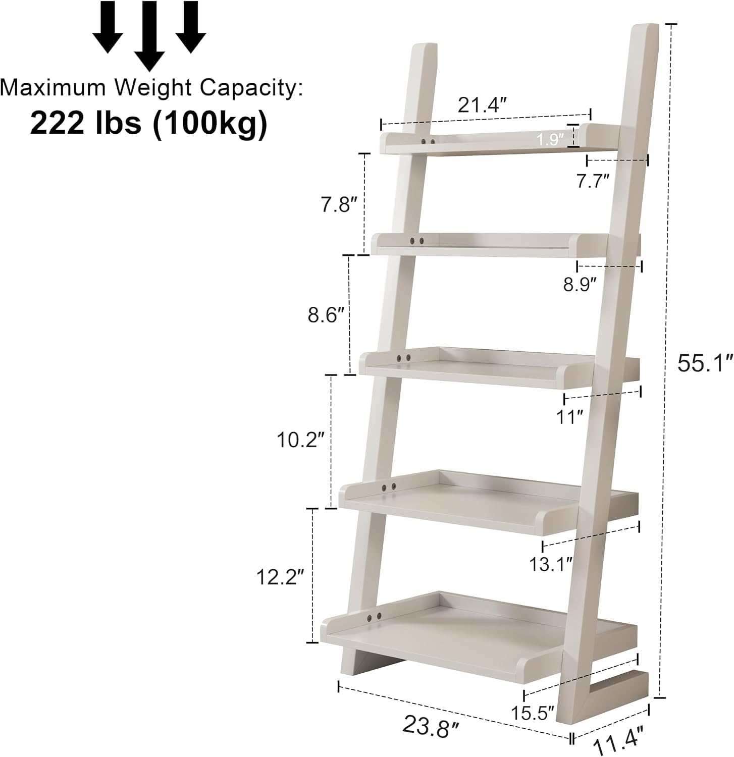 Wooden Ladder Shelf, Ladder Bookshelf, Short Ladder Shelf with Stable Structure, Leaning Bookshelf Ladder for Living Room, Bedroom, Home Office, 55.1" H (White)