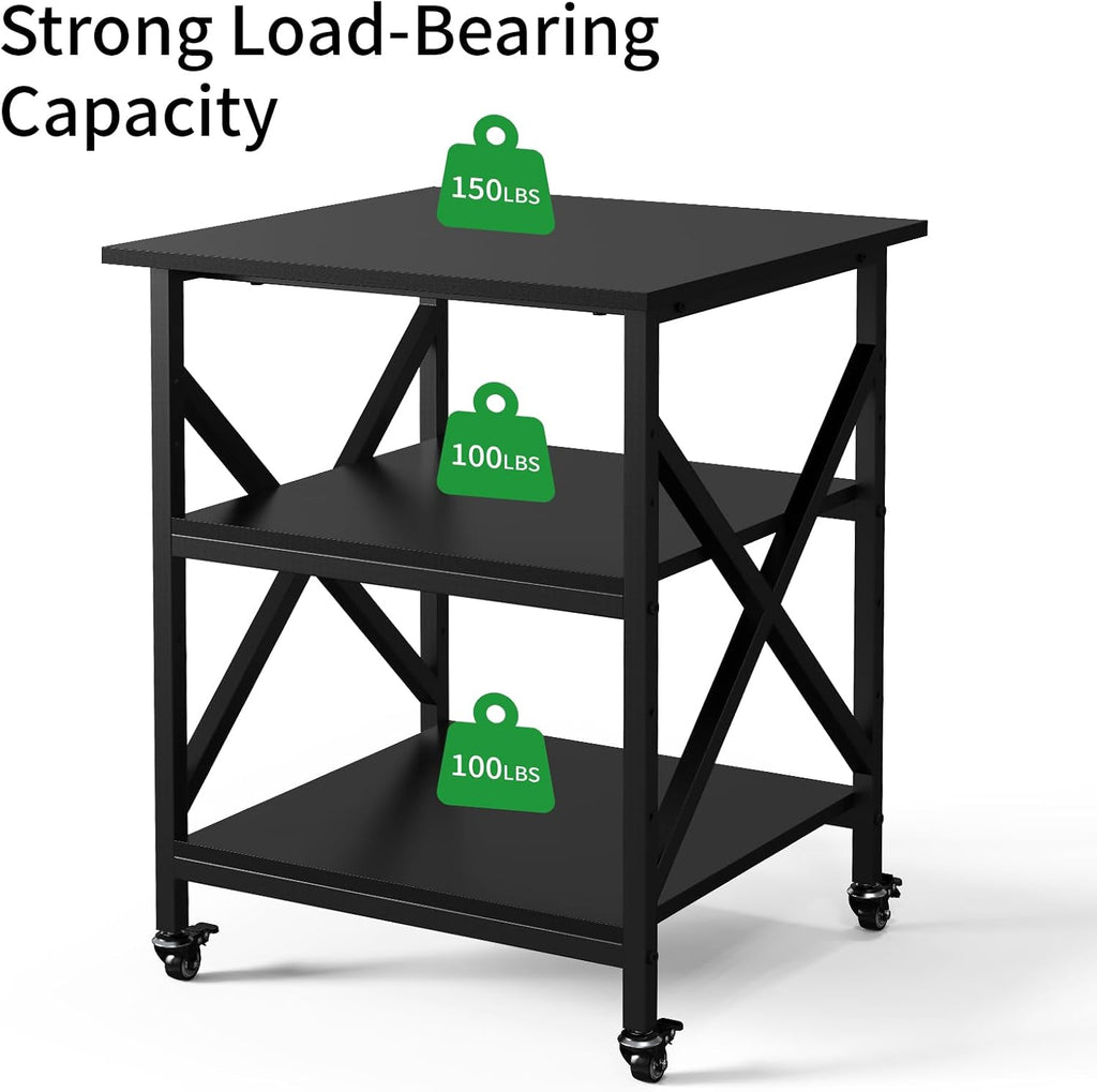 Ollieroo 3 Tier Printer Stand, Large Table with Wheels, Rolling Cart with Height Adjustable Middle Storage Shelf, 23.6 x 23.6 x 30.3 Inches Shelf for Home Office, Black
