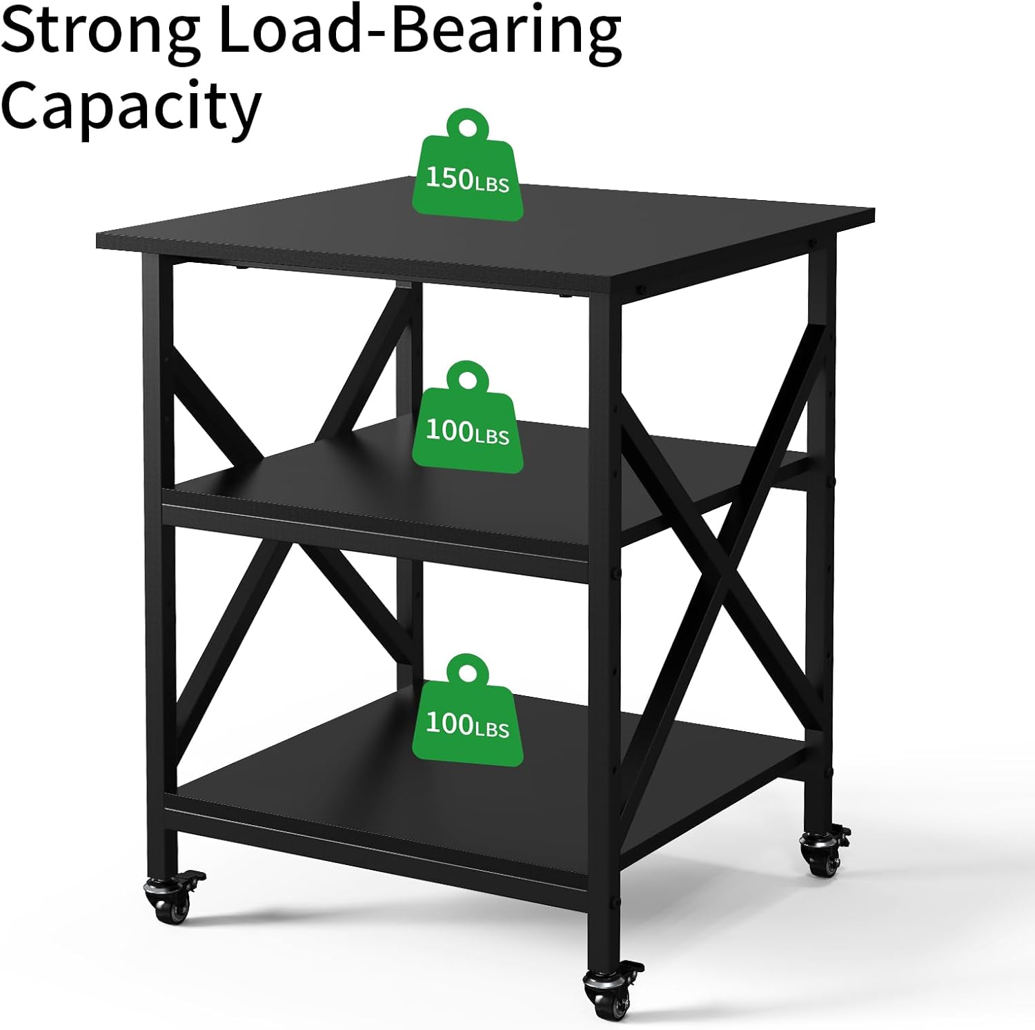Ollieroo 3 Tier Printer Stand, Large Table with Wheels, Rolling Cart with Height Adjustable Middle Storage Shelf, 23.6 x 23.6 x 30.3 Inches Shelf for Home Office, Black