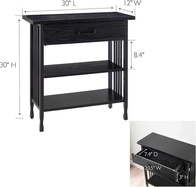 Leick Home Ironcraft Bookshelf, Solid Wood, 1 Drawer, 2 Shelves, Blackened Hardware, Slatted Sides, Easy Assembly, Black Wash, 12 in W x 30 in L x 30 in H, Item 11261-BK