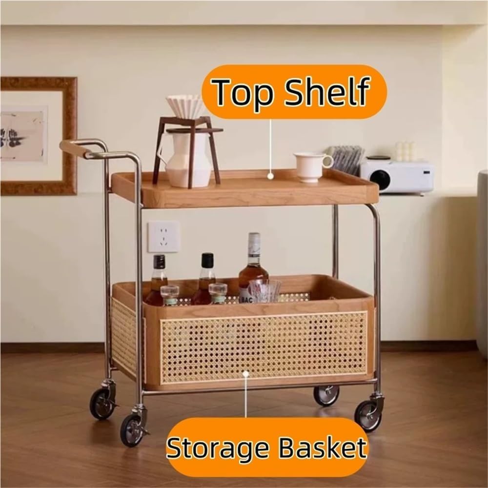 End Table Storage Trolley - 2-Layer Moveable Coffee Bedside Table with Caster...