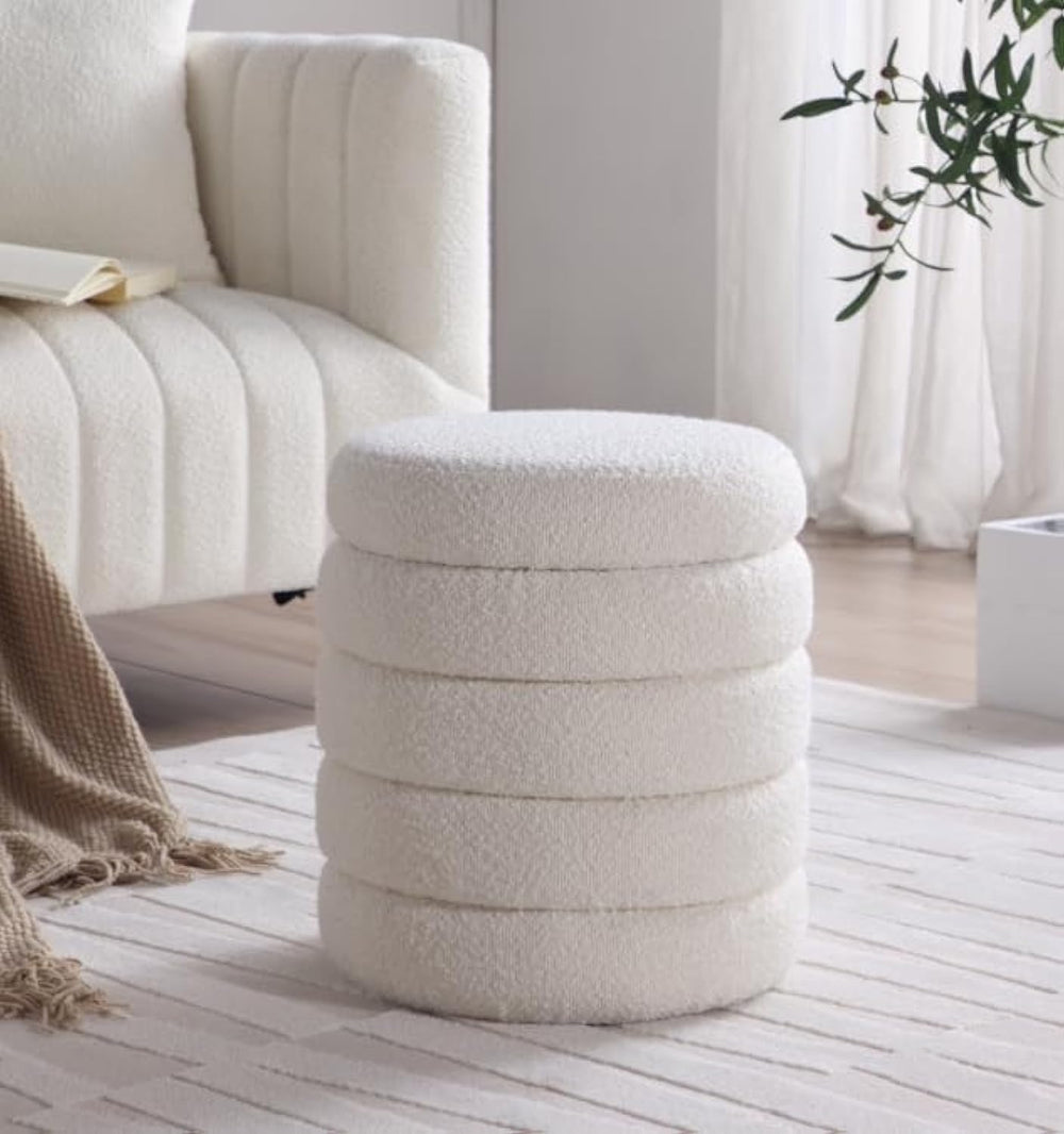 Get Set Style Modern Round Ottoman with Soft Padded Seat, Storage Vanity Chai...