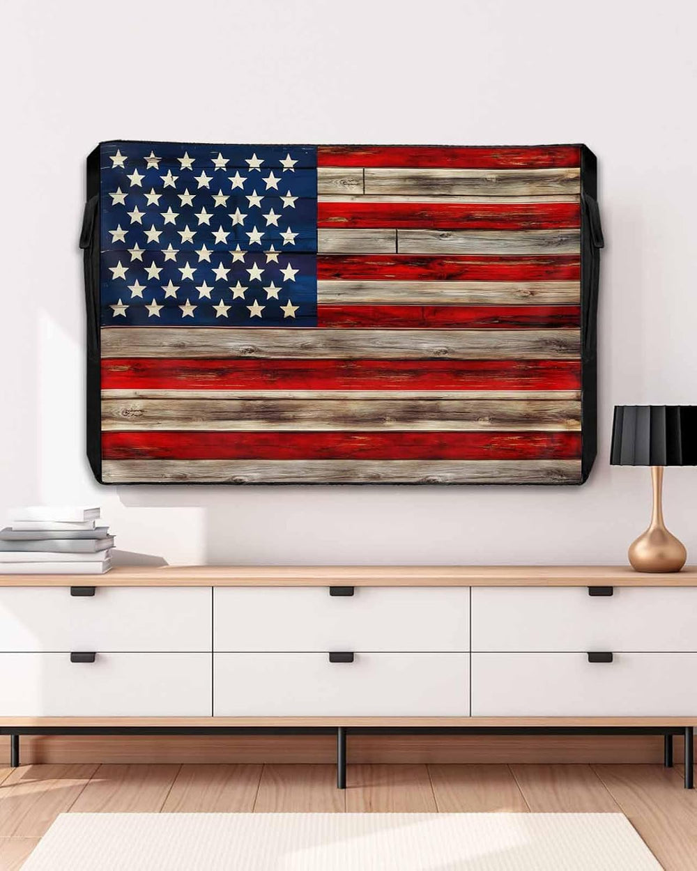 American Flag Outdoor TV Cover - Weatherproof, Vintage Wood Enclosure with Zi...