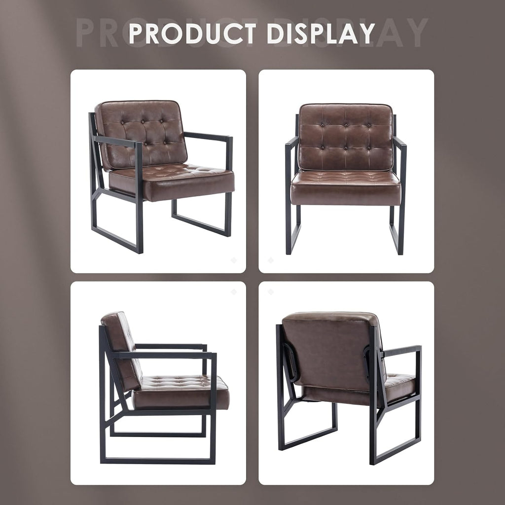 MALOL Mid Century Modern Accent Chair Set of 2, Comfy Living Room Chair, Brown Leather Accent Chair, Faux Leather Reception Armchair with Metal Legs for Living Room Bedroom Reception Office, Brown