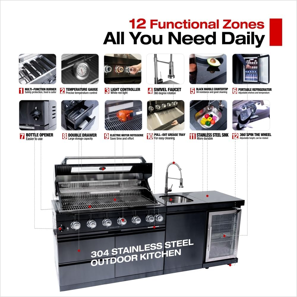 82 Inch 304 Stainless Steel Outdoor Integrated BBQ Kitchen Station (Black) | ...