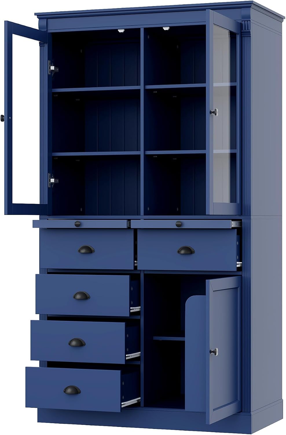 Pantry Stotrage Cabinet with Glass Doors and Serving Trays, Wood Display Cabi...
