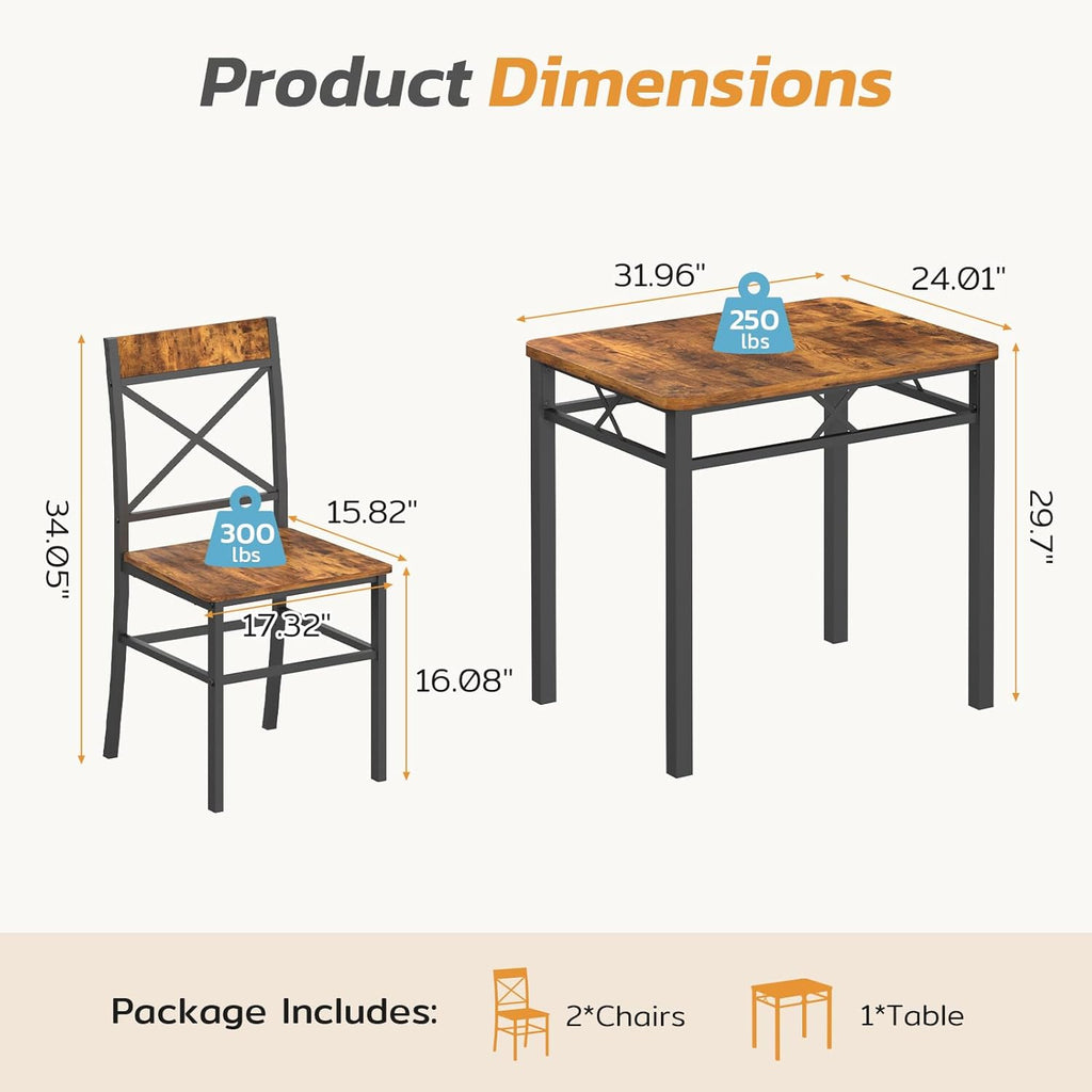 Zevemomo 3-Piece Dining Table Set, Dining Table for 2, Small Table and Chairs Set of 2, Breakfast Nook Table Set with 2 Curved Backrest Chairs, for Small Spaces & Apartment-Brown