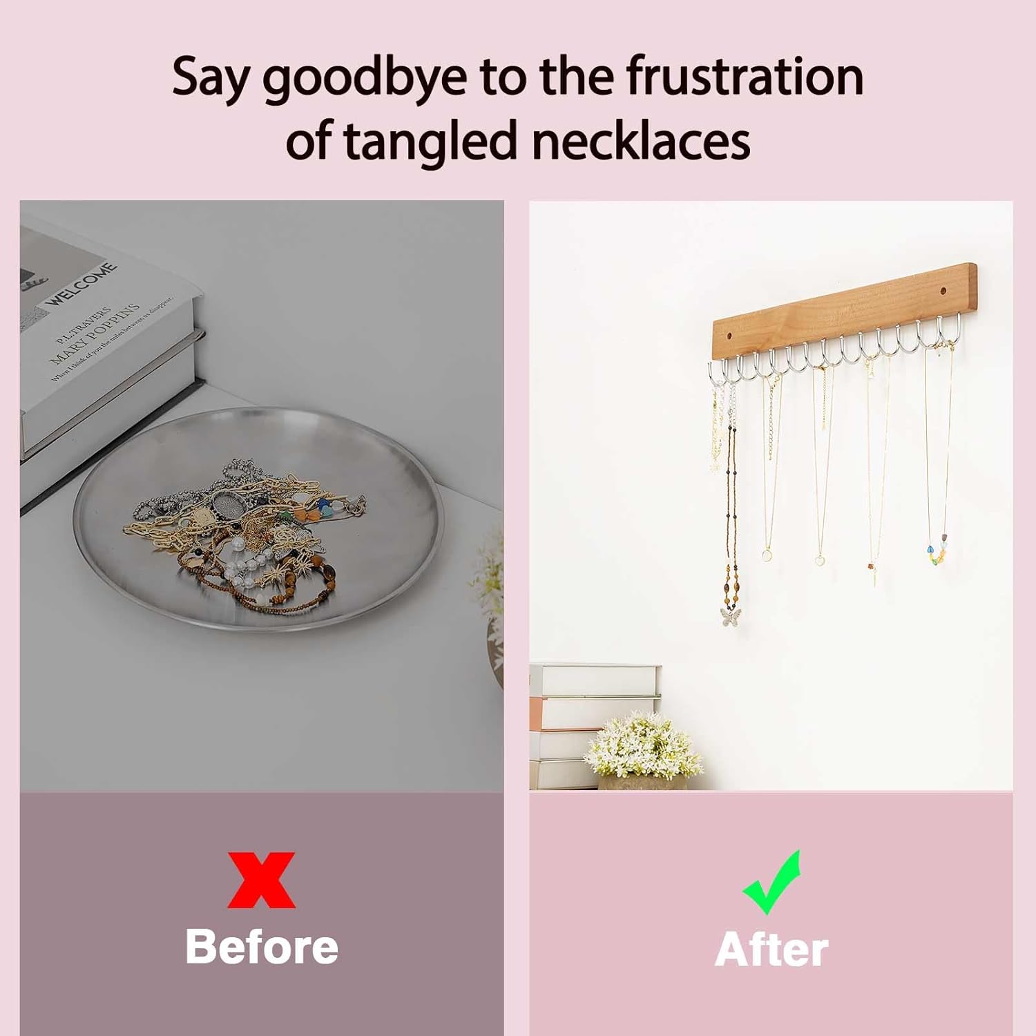 Wall Mounted Necklace Holder, Farmhouse Style Necklace Holder, Tangle Free Wall Jewelry Organizer with 28 Hooks(2 Packs,Natural)