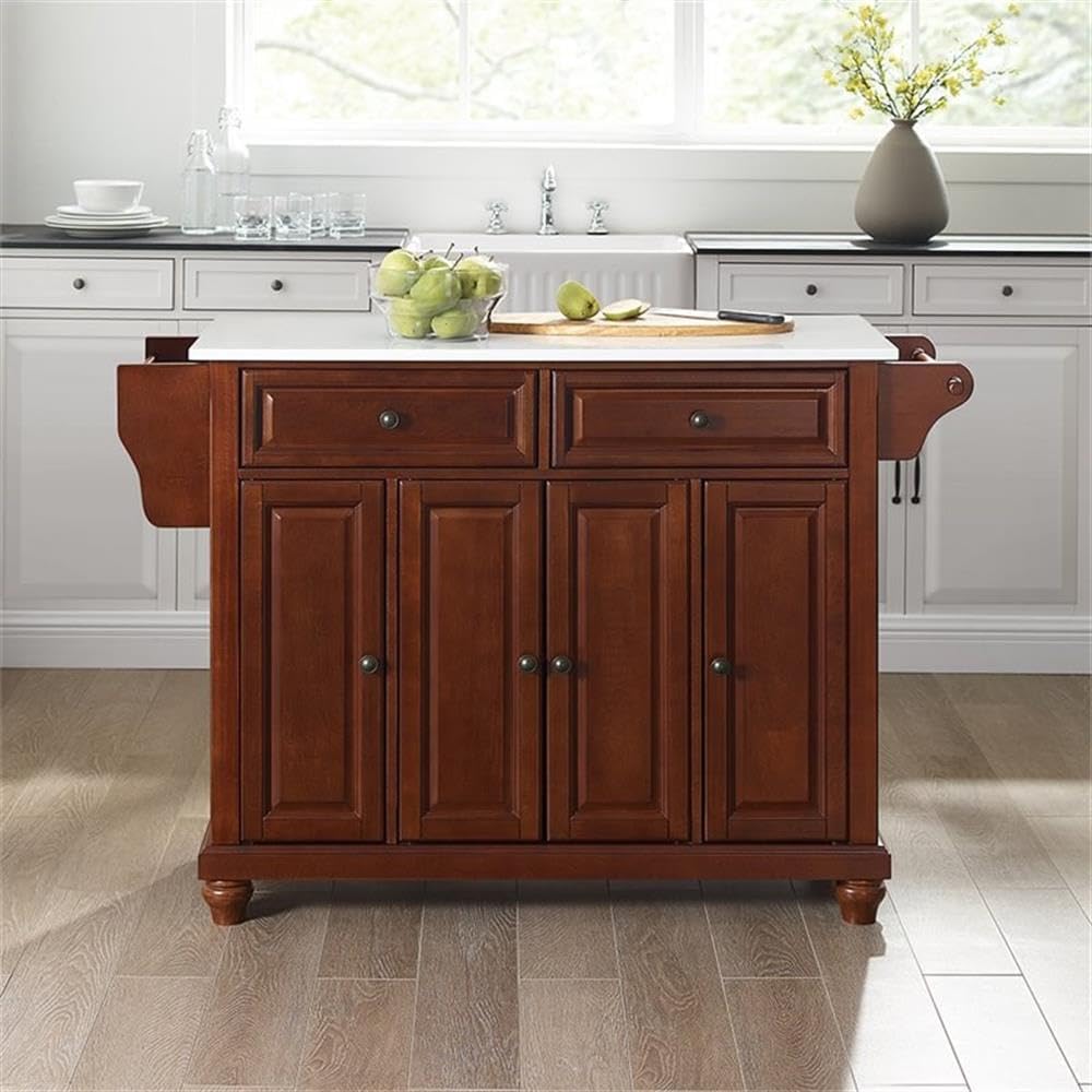 Pemberly Row Modern Wood Granite Top Kitchen Island in Mahogany