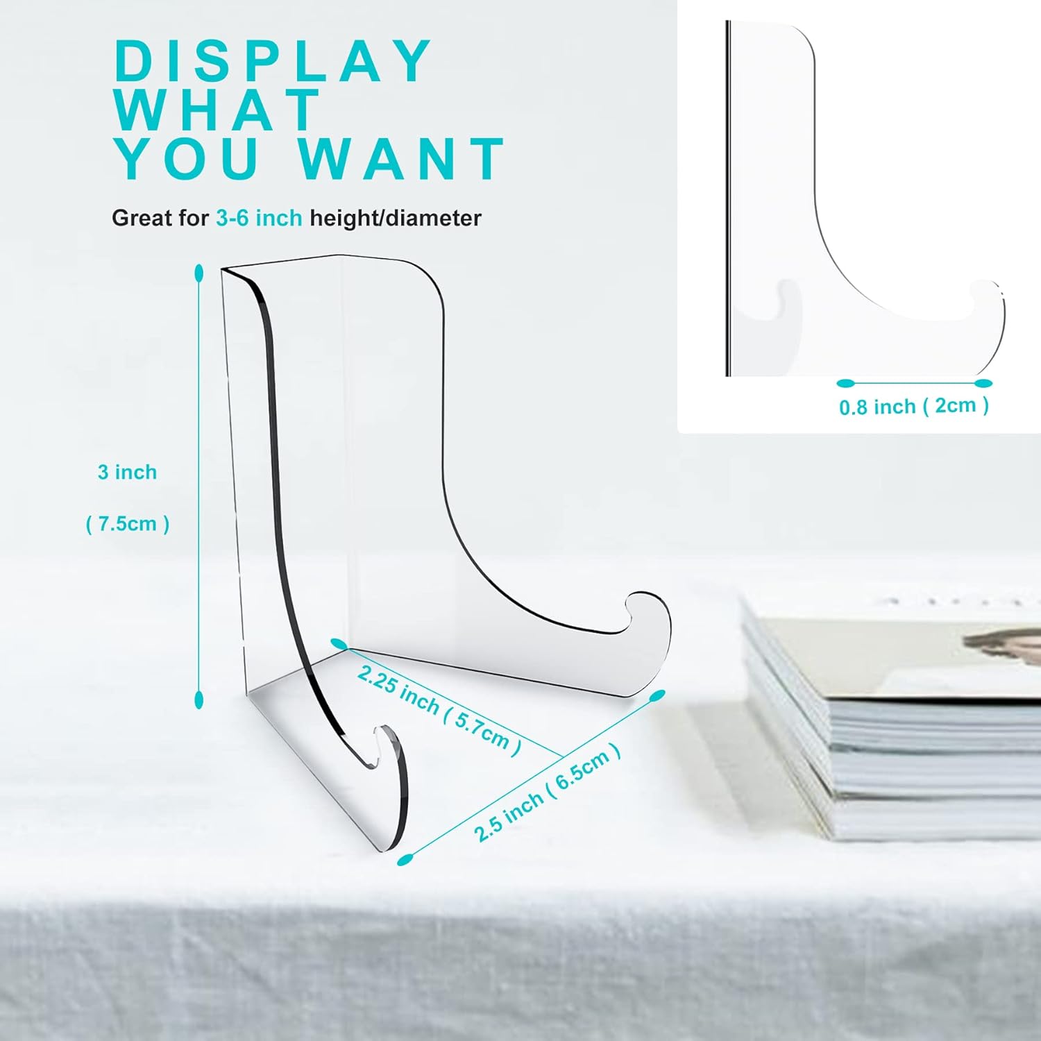 Boloyo Flat Back Acrylic Plate Display Stand , 3 Inch 2PC Clear Acrylic Display Holder Easel Base for Home Office Kitchen School Art Display
