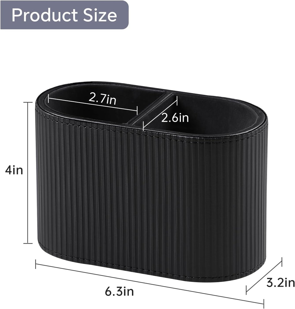 PU Leather Pen Holder for Desk, Small Remote Control Holder Pencil Cup Multifunctional Desktop Organizer Caddy for Home School Office Desk Accessories - 2 Compartments (Black Ribbed Texture)