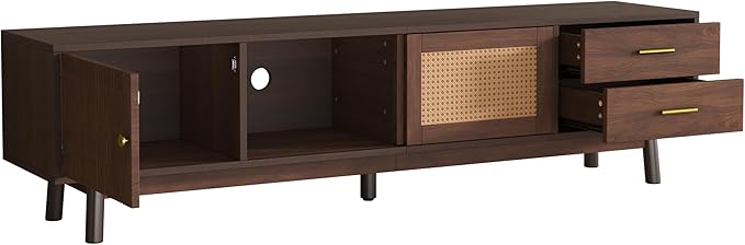 Ball & Cast Mid-Century Modern TV Stand for TVs up to 80", 70" Media Console with Rattan Sliding Doors & 2 Drawers,Solid Wood Legs,Entertainment Center w/Storage for Living Room,Bedroom,Dark Brown