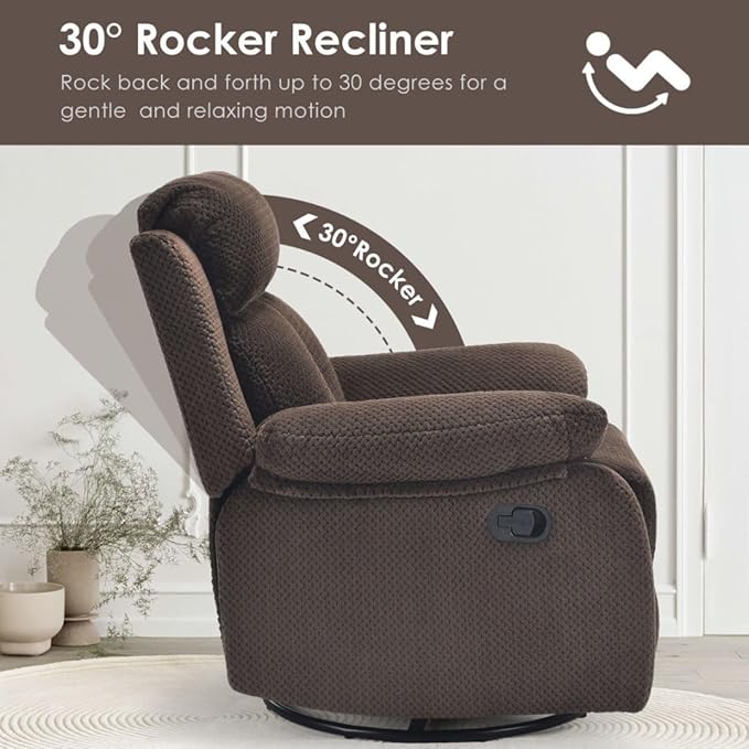Swivel Rocker Recliner with 360 Degree Swivel, Small Recliners with 30 Degree, 90-150 Degree Angle, Lift Chair for Home Theater Seating, Adults, Living Room, Bedroom, Nursery, Coffee