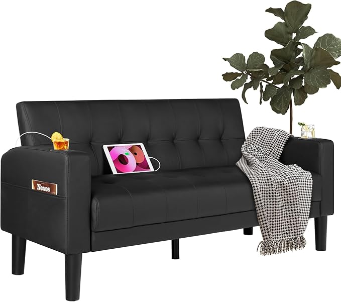 AILEEKISS 62" Loveseat Couches Upholstered Leather Love Seat Sofas Couch with 2 USB, Cup Holders, Side Pocket, Mid-Century Modern Tufted Sofa for Living Room,Office,Bedroom,Apartment (Black, 2-Seat)
