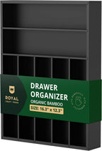 ROYAL CRAFT WOOD Luxury Bamboo Kitchen Drawer Organizer - Silverware Organizer - Utensil Holder and Cutlery Tray with Grooved Drawer Dividers for Flatware and Kitchen Utensils (7 Slot, Black)