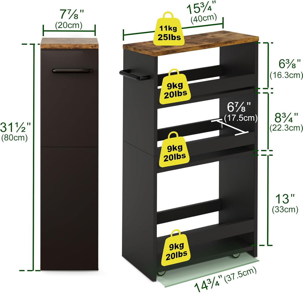 TEAMIX 4 Tier Slim Storage Cart with Handle, Slide Out Storage Rolling Utility Cart Mobile Shelving Unit Organizer Trolley for Small Spaces Kitchen Laundry Narrow Places (Black+Brown, 7-7/8'' W)