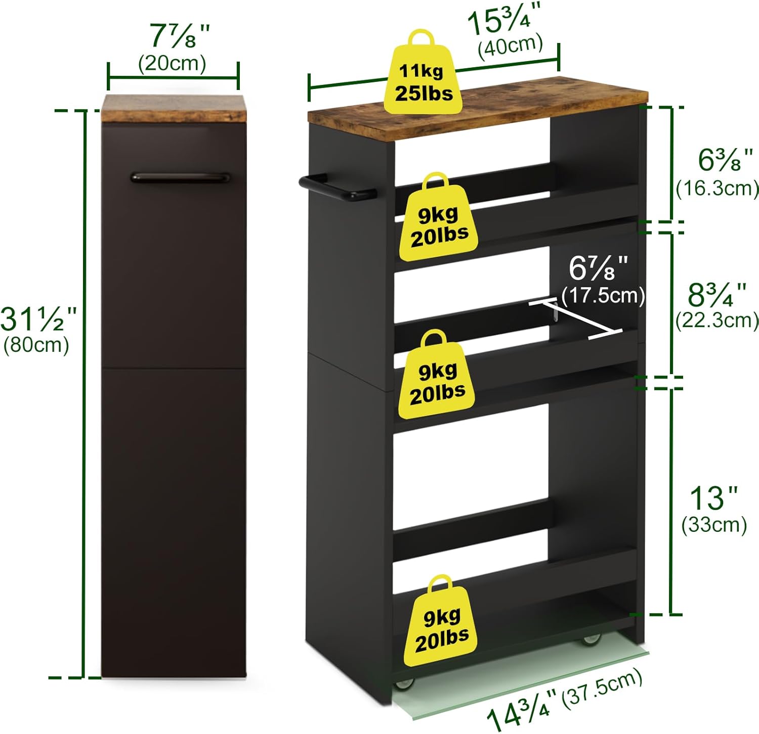 TEAMIX 4 Tier Slim Storage Cart with Handle, Slide Out Storage Rolling Utility Cart Mobile Shelving Unit Organizer Trolley for Small Spaces Kitchen Laundry Narrow Places (Black+Brown, 7-7/8'' W)