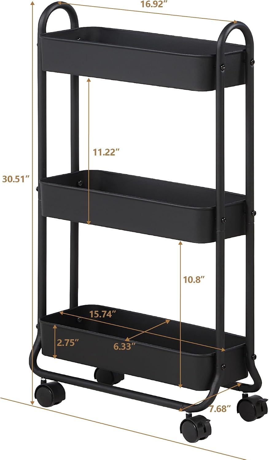 SunnyPoint Slim Rolling Storage Cart, 3 Tier Bathroom Storage Organizer Bathr...