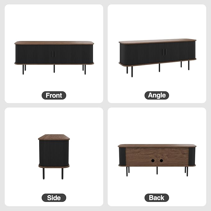 55''W Modern TV Stand Cabinet with Storage for TVs up to 60 Inch, Fluted TV Entertainment Center with Slatted Tambour Doors, Media Console for Living Room, Entryway, Black