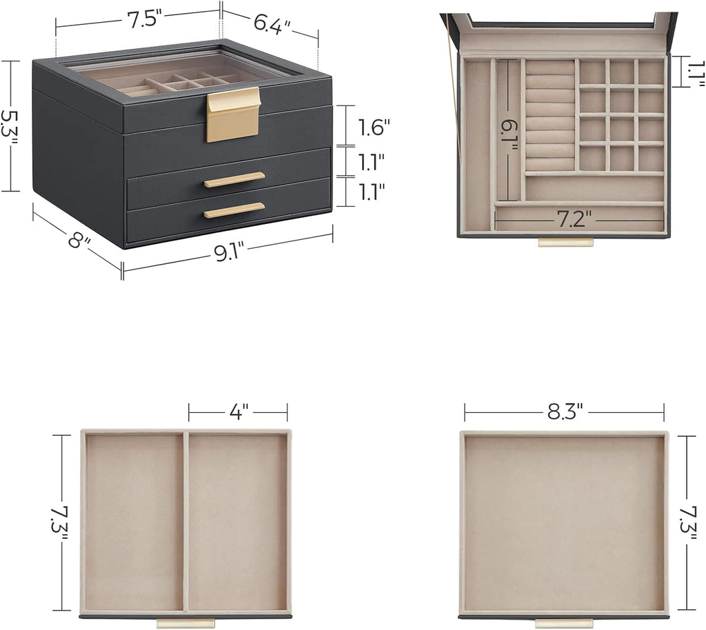 SONGMICS Jewelry Box Organizer with Glass Lid, 3-Layer Jewelry Storage, with 2 Drawers, Modern Style, Christmas Gift, 8 x 9.1 x 5.3 Inches, Interstellar Gray and Gold Color UJBC239G02