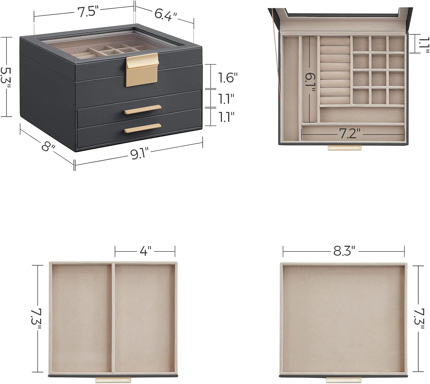 SONGMICS Jewelry Box Organizer with Glass Lid, 3-Layer Jewelry Storage, with 2 Drawers, Modern Style, Christmas Gift, 8 x 9.1 x 5.3 Inches, Interstellar Gray and Gold Color UJBC239G02