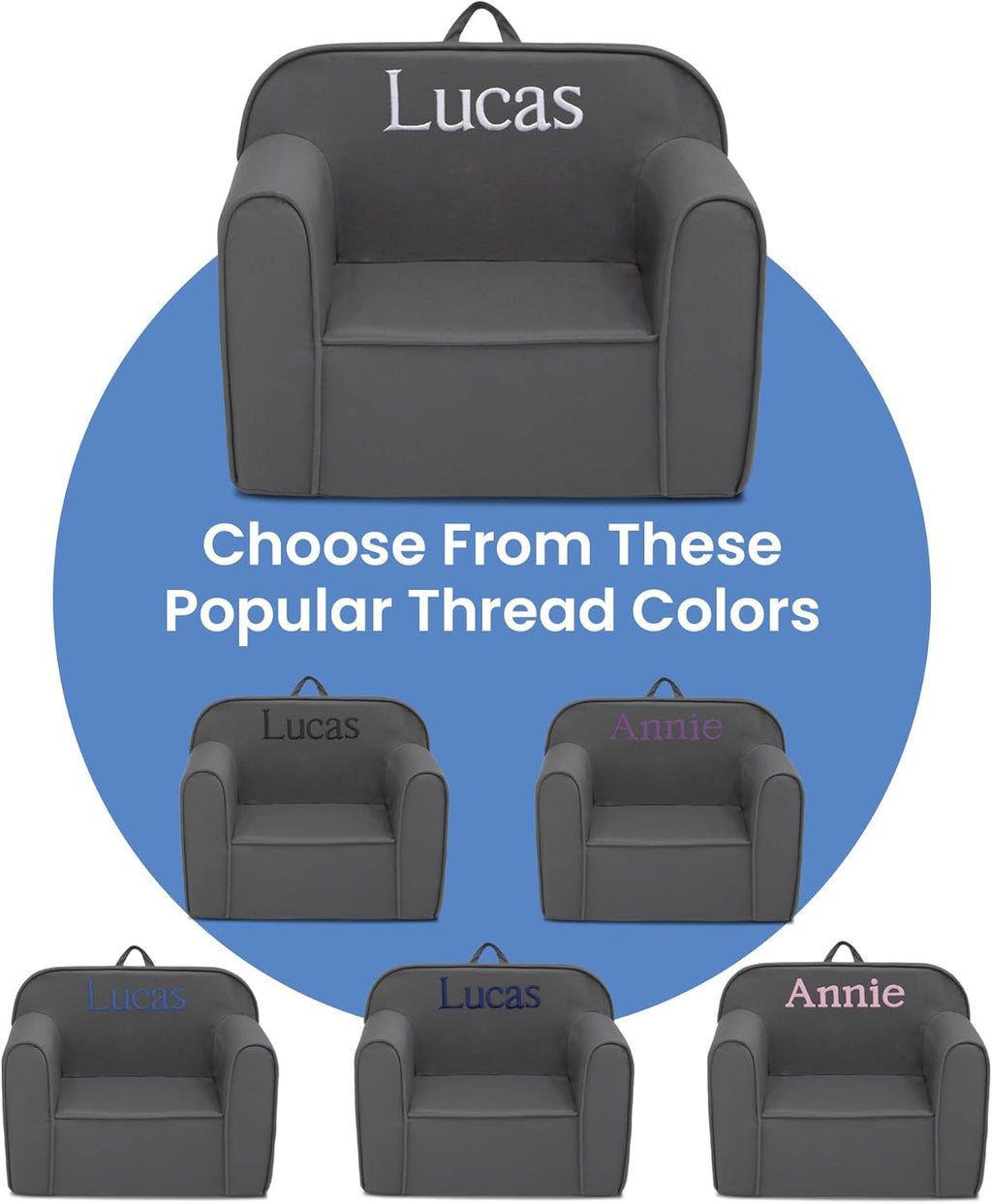 Delta Children Personalized Cozee Chair – Customize with Name – Foam Kids Chair for Ages 18 Months and Up, Dark Grey