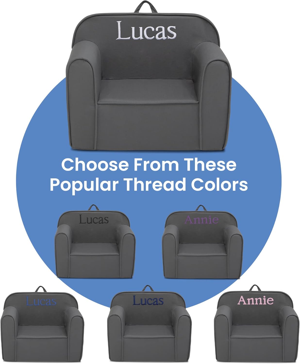 Delta Children Personalized Cozee Chair – Customize with Name – Foam Kids Chair for Ages 18 Months and Up, Dark Grey