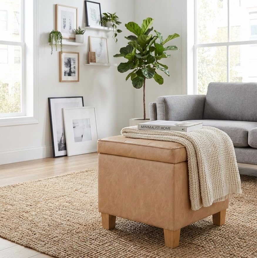 HomePop Square Tufted Storage Ottoman - Sand Faux Leather