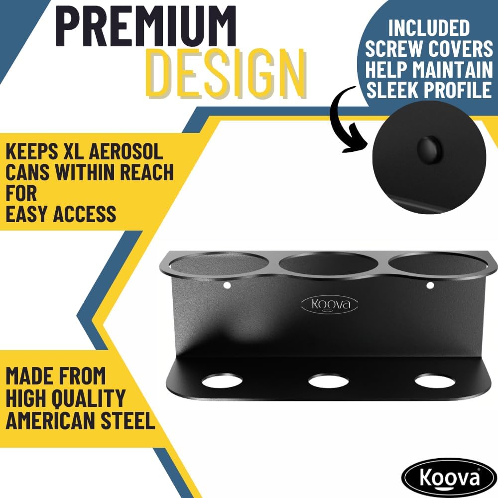 Koova X-Large Spray Can Rack - Fits 3 XL Aerosol Spray Cans, Heavy Duty Steel Wall Mount Organizer, Metal Utility Shelf for Home or Garage, Universal Fit, Paint Storage, Hardware Included, Made in USA