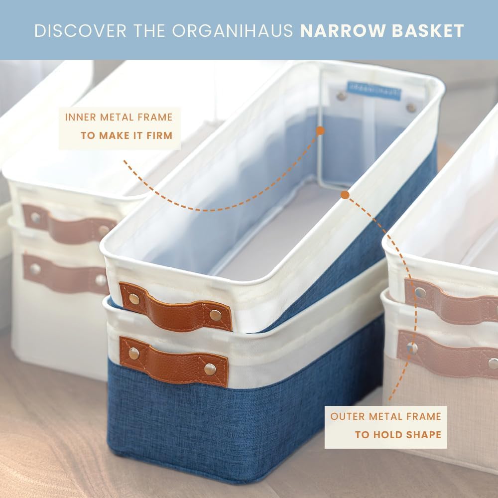 OrganiHaus Narrow Storage Bins 15x06in, Small Closet Bins for Shelves, Bathroom Storage Baskets for Shelves, Narrow Baskets, Fabric Organizer with Handles, Toilet Paper Organizer - 2 Pack, Beige