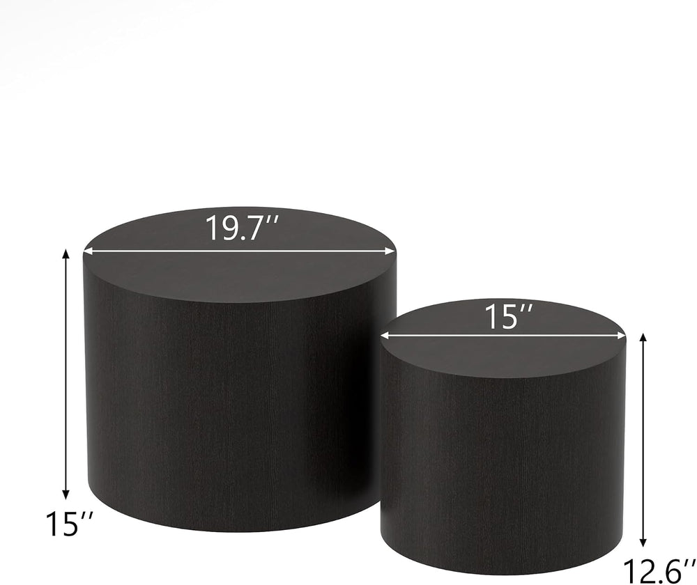 Nesting Coffee Table Set of 2, Round Coffee Table, Black | Modern Wooden Circ...
