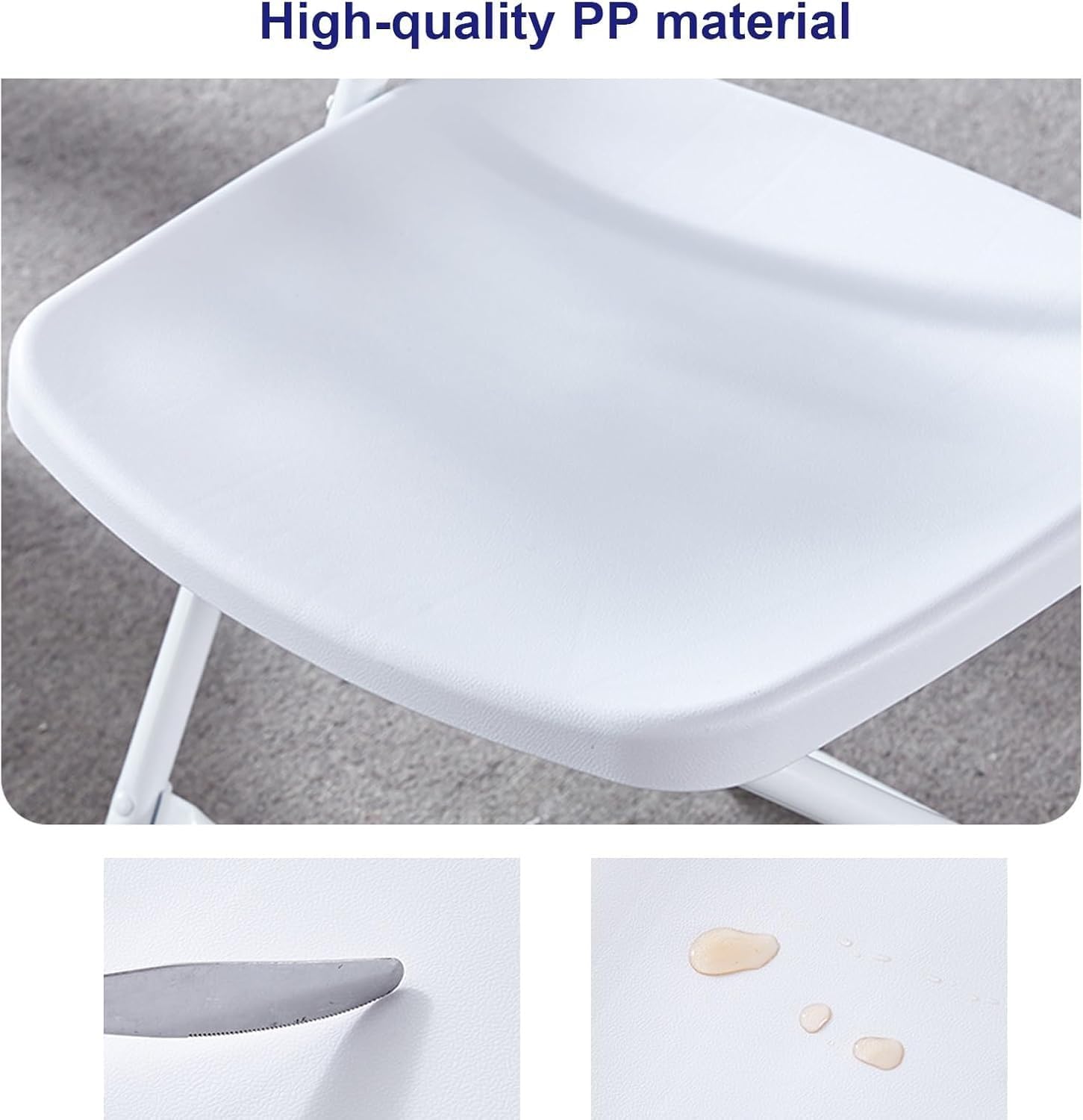 PP Plastic Folding Chair, Indoor Outdoor Portable Stackable Commercial Seat with Steel Frame 350lb.(White)
