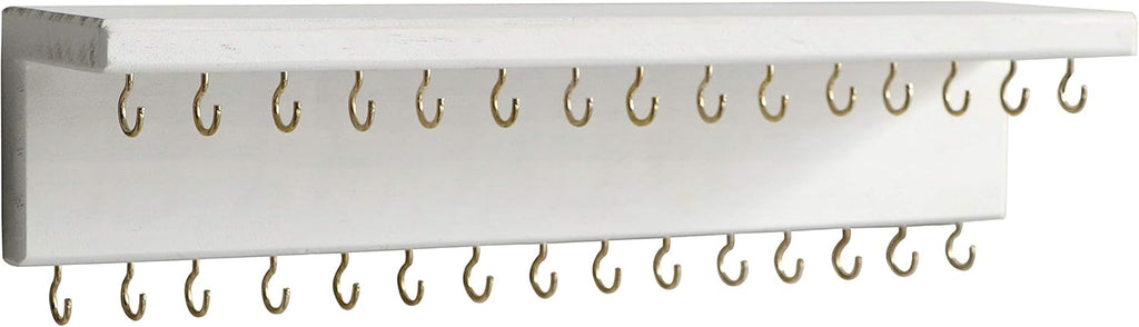 SANY DAYO HOME Jewelry Organizer with 30 Hooks and Cosmetics Shelf, 15 x 3 x 4 inches Wall Mounted Rustic Pine Wood Holder for Necklaces and Bracelets, Suitable for Kids and Adults (Retro White)