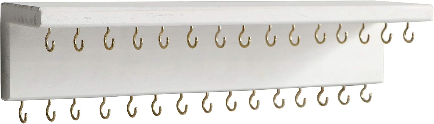 SANY DAYO HOME Jewelry Organizer with 30 Hooks and Cosmetics Shelf, 15 x 3 x 4 inches Wall Mounted Rustic Pine Wood Holder for Necklaces and Bracelets, Suitable for Kids and Adults (Retro White)