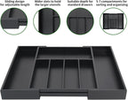 VaeFae Premium Bamboo Drawer Organizer, Expandable Silverware Drawer Organizer, Cutlery Tray with Dividers for Kitchen Utensils (Black, Large)
