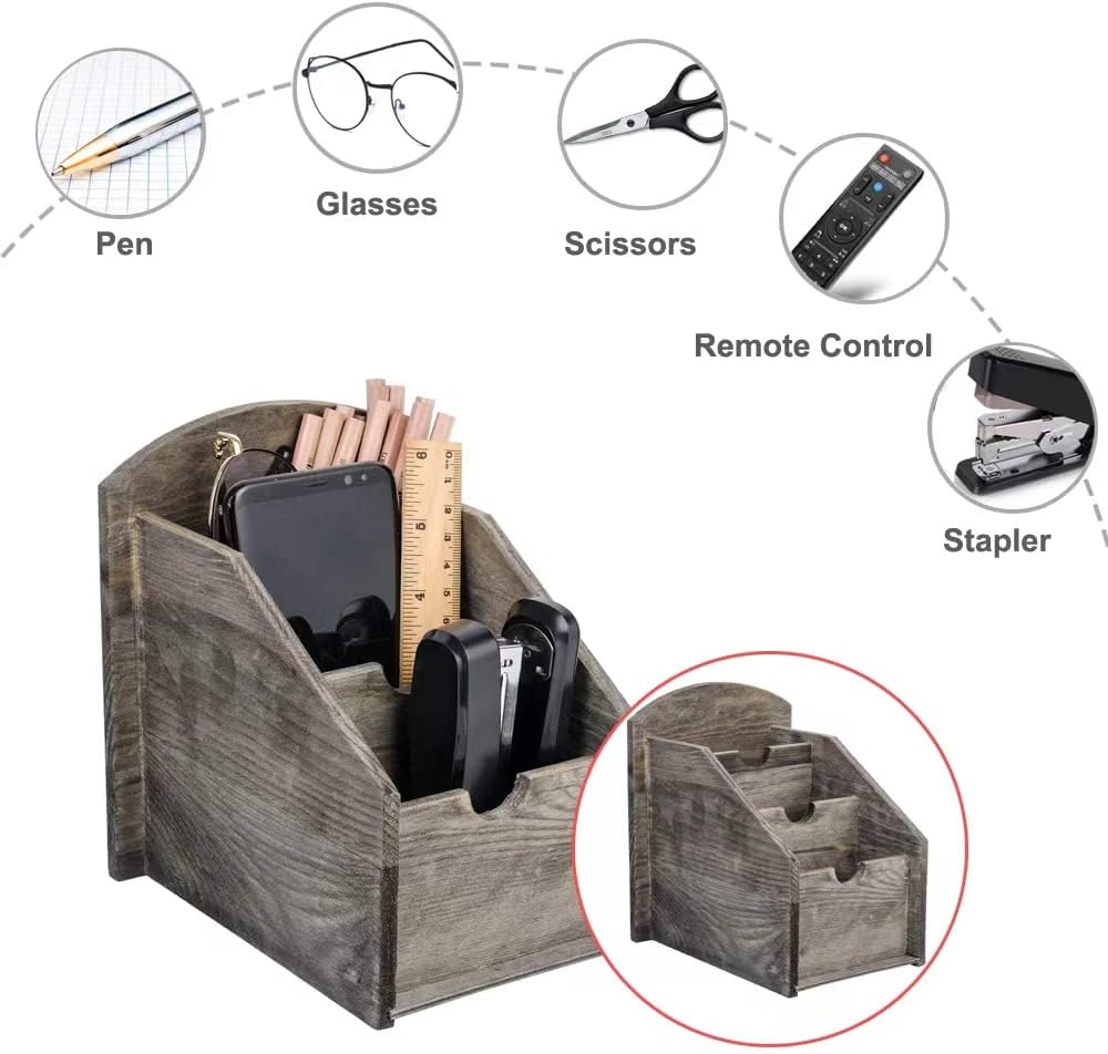 VERGOODR 3 Slot Rustic Wooden Remote Control Frame Media Organizer,Office Supply Storage,Magazine Pen Holders (Rock grey)