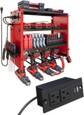 4 Layers Power Tool Organizer Wall Mount with Power Strip, Heavy Duty Metal Tool Shelf, 400lbs Capacity for Cordless Drills, Batteries & Garage Storage (4 Slots with 2 Outlets Power Strip)