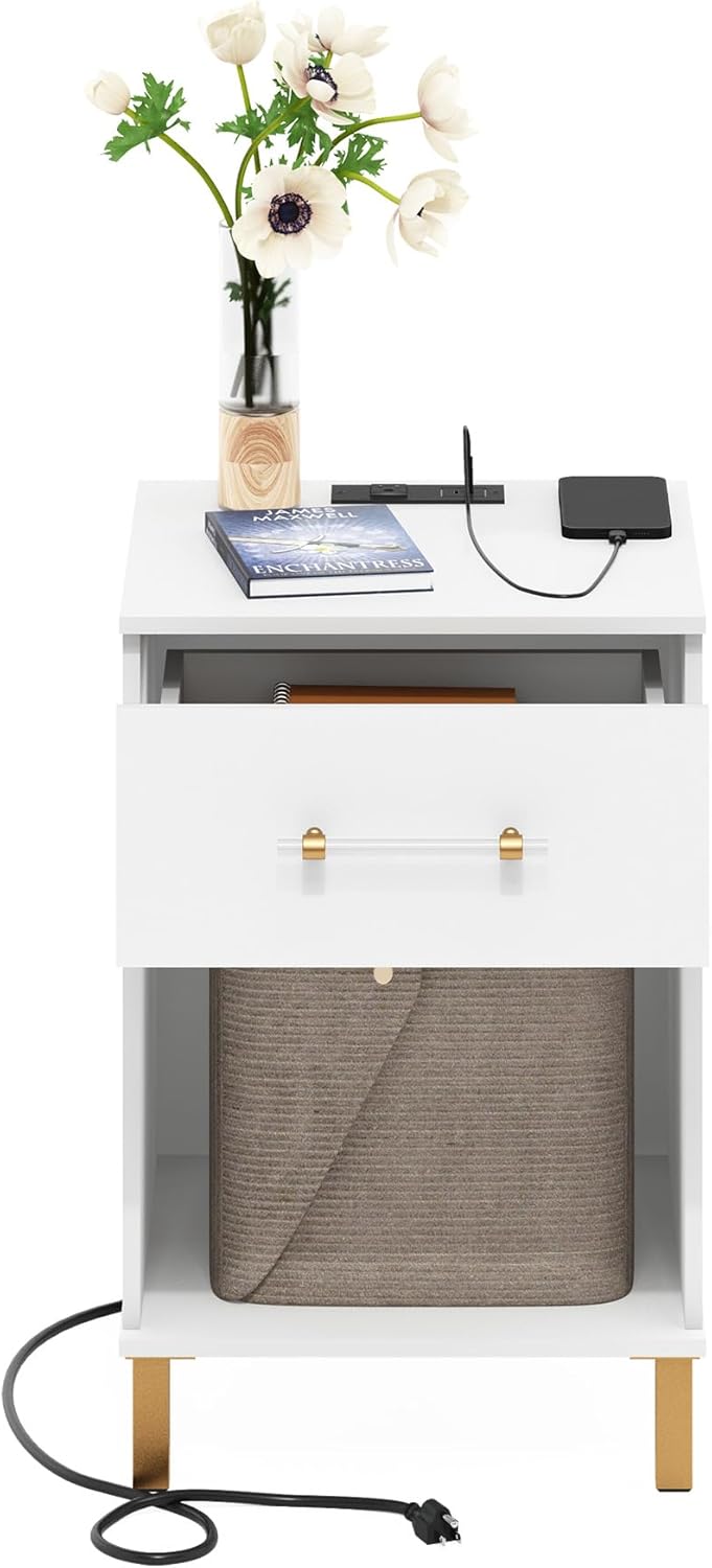 Furinno Tidur Side Table with Charging Station, End Table, Night Stand, Bedsi...