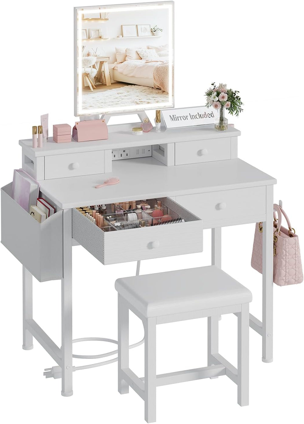 White Makeup Vanity Desk with Mirror and Lights, Vanity Set with Chair, Make ...