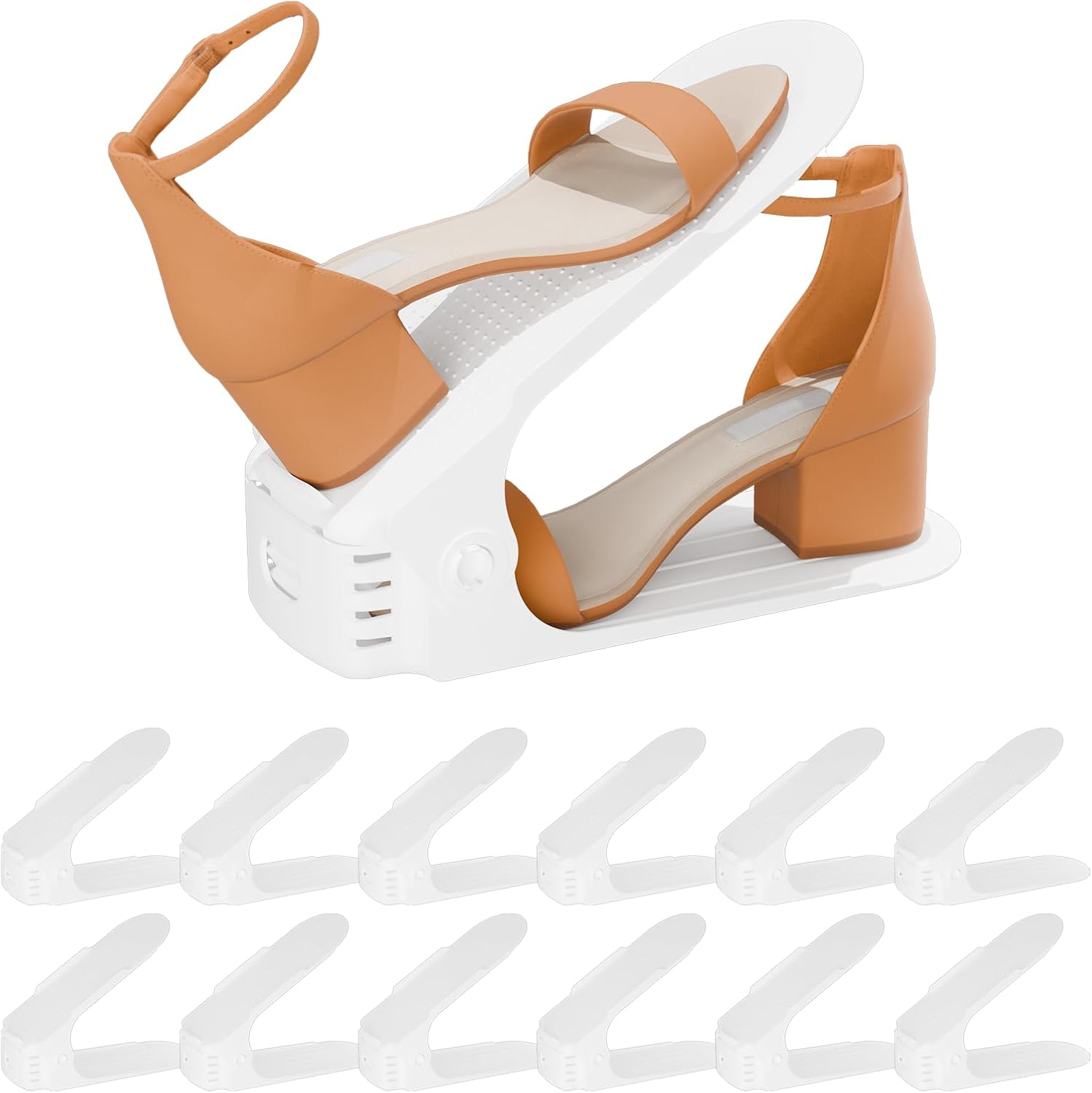 Shoe Slots Organizer, 12PCS Adjustable Double Layer Stack Shoe Rack, 50% Space-Saving Storage Rack Holder, White